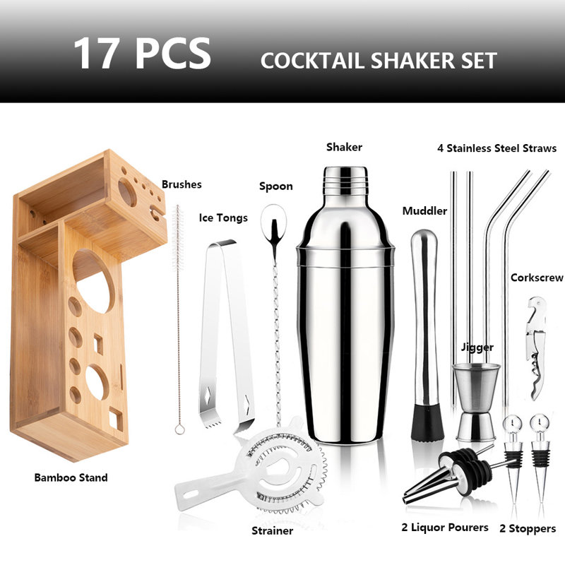 17 Piece Bartender Kit - Bar Tool Set Cocktail Shaker Set - With Rayon From Bamboo Stand