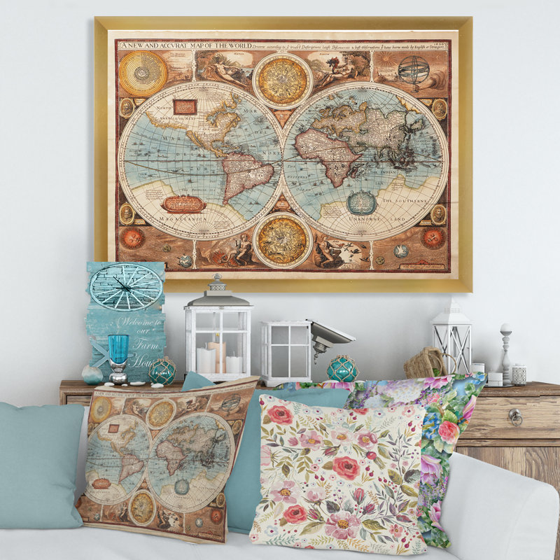 Ancienne carte du monde, reproduction d'art sur toile, H 24 po x l 32 po x P 1 po, Or