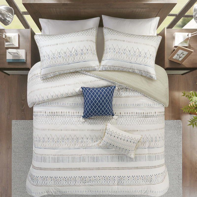 Ensemble d'édredon pour lit double / grand 5 pièces à motif géométrique taupe bleu doux lavable à la machine avec 2 coussins décoratifs dans une grande rondelle