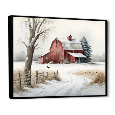 Calm Red Barn In Winter III - Farmhouse / Country Canvas Wall Art