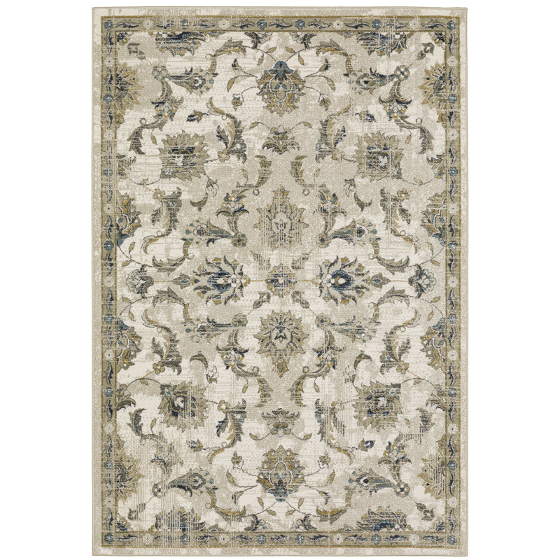 Tapis beige / bleu / gris à motif floral Nidia, Rectangle 6 pi 7 po x 9 pi 2 po