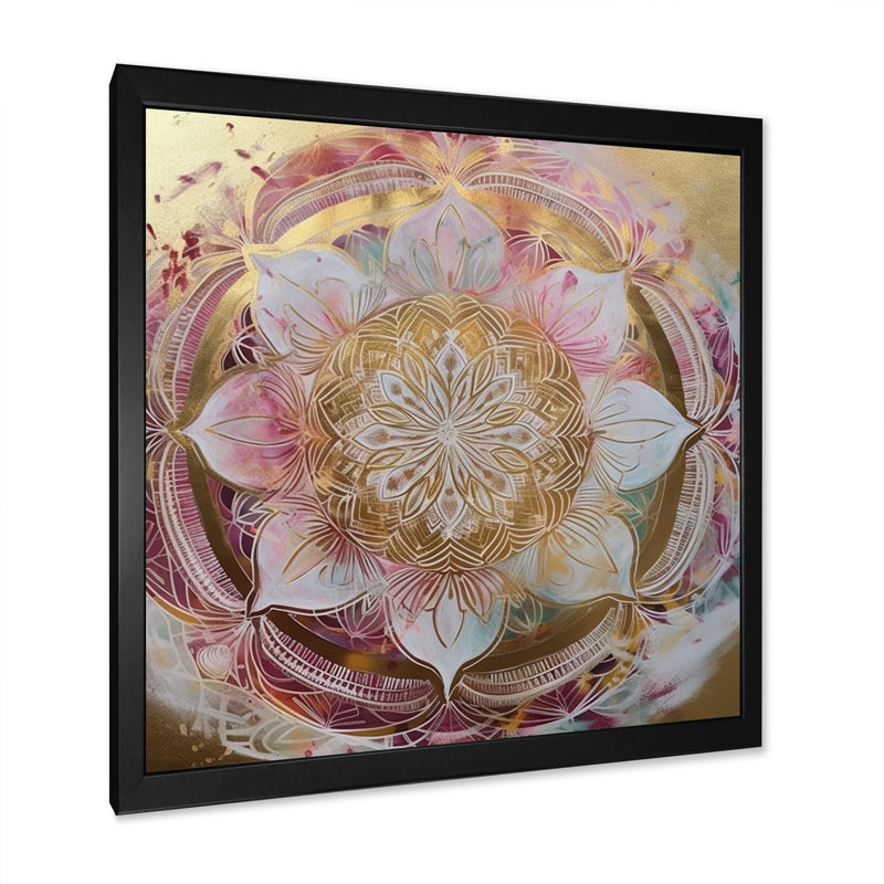 Mandala doré rose II sur toile, Cadre d'angle fermé noir, H 16 po x l 16 po x P 1 po