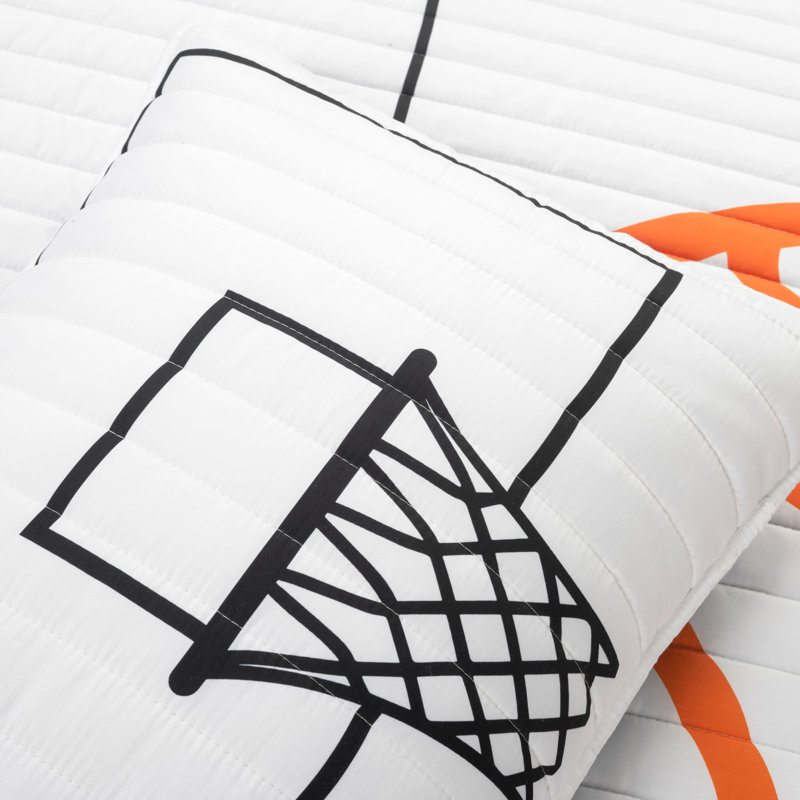 White and Navy Microfiber Reversible Twin Basketball Quilt Set