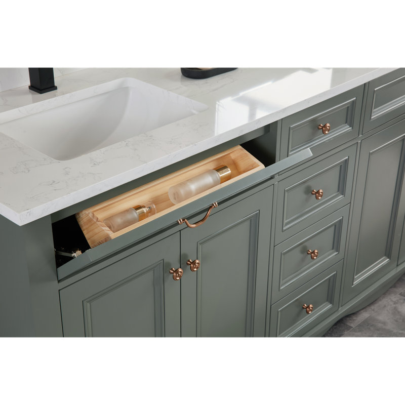 72" Solid Wood Sink Vanity  With 1' Artificial Stone Top, Pewter Green