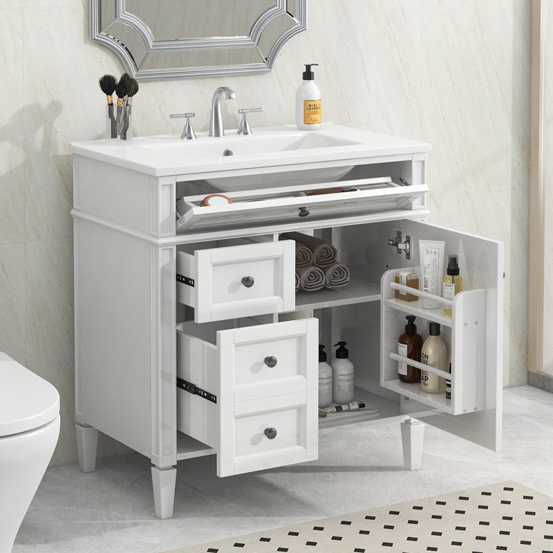 Ensemble de meuble-lavabo avec lavabo, 2 tiroirs et poignées en métal, Blanc/Noir
