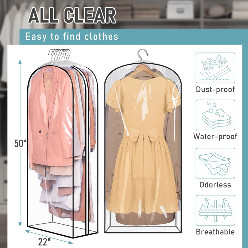 Clear 50" Gusseted Garment Bags with Side Zipper, Set of 3
