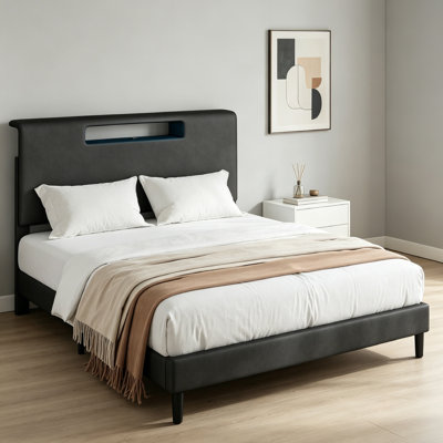 Full Size Bed Frame, Modern Platform Bed with High Headboard Noiseless No Box Spring Needed Easy Assembly Black