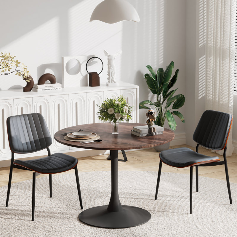 Modern Round 3 Piece Dining Room Table and Chairs Set, Brown, Black, Black