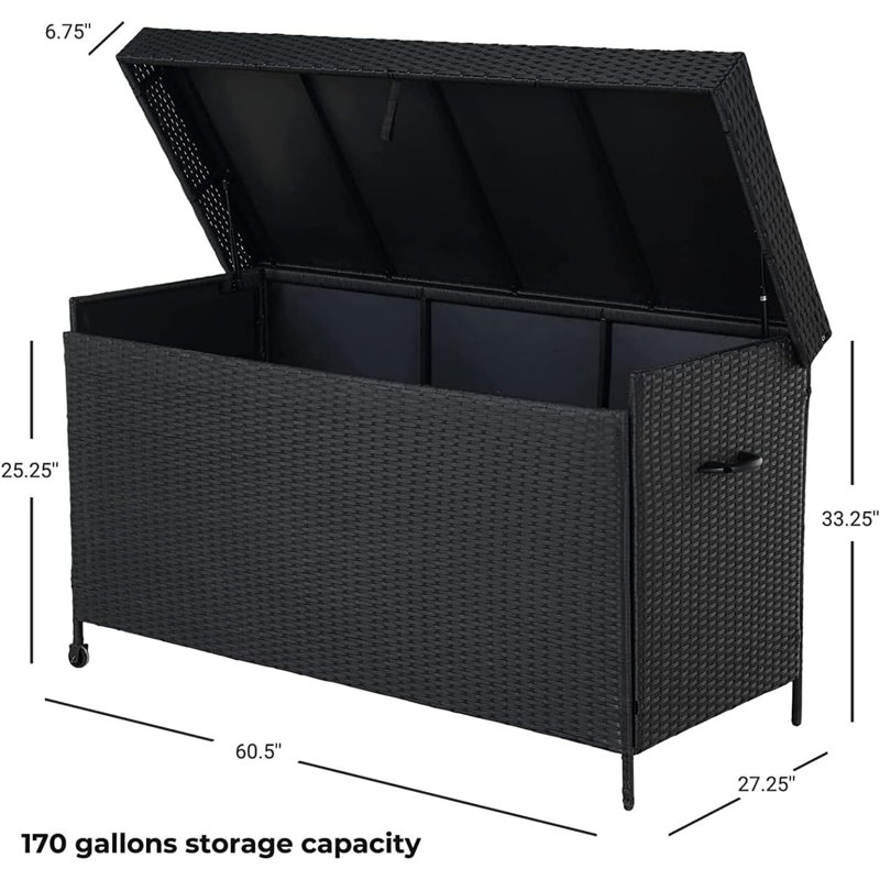 Boîte de rangement pour terrasse de 170 gallons Olilawn, Noir, noir, noir, noir