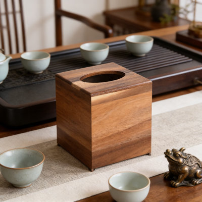 Acacia Wood Tissue Box Cover With Slide-Out Bottom, Square Decorative Holder For Bathroom, Bedroom, Kitchen, Office, And Living Room