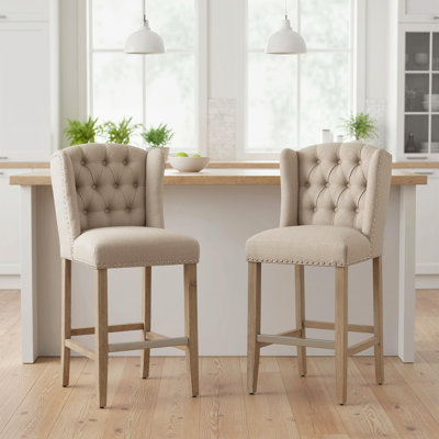Set of 2 Modern Counter Height Bar Stools with Solid Wood Legs & Footrest – Breathable Linen Fabric, 264 lbs Capacity