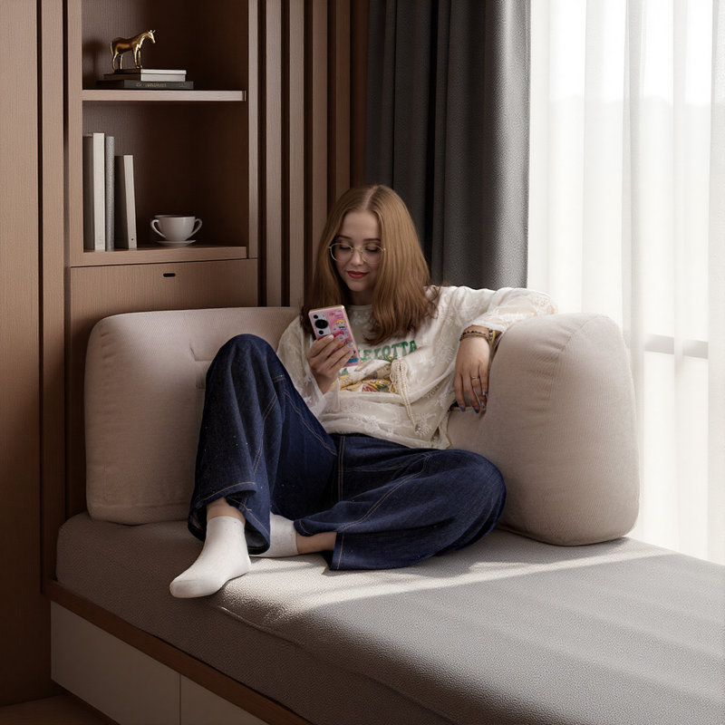 Coussin de dossier en chenille, coussin de coin, coussin de coin avec fonction de rangement, Beige