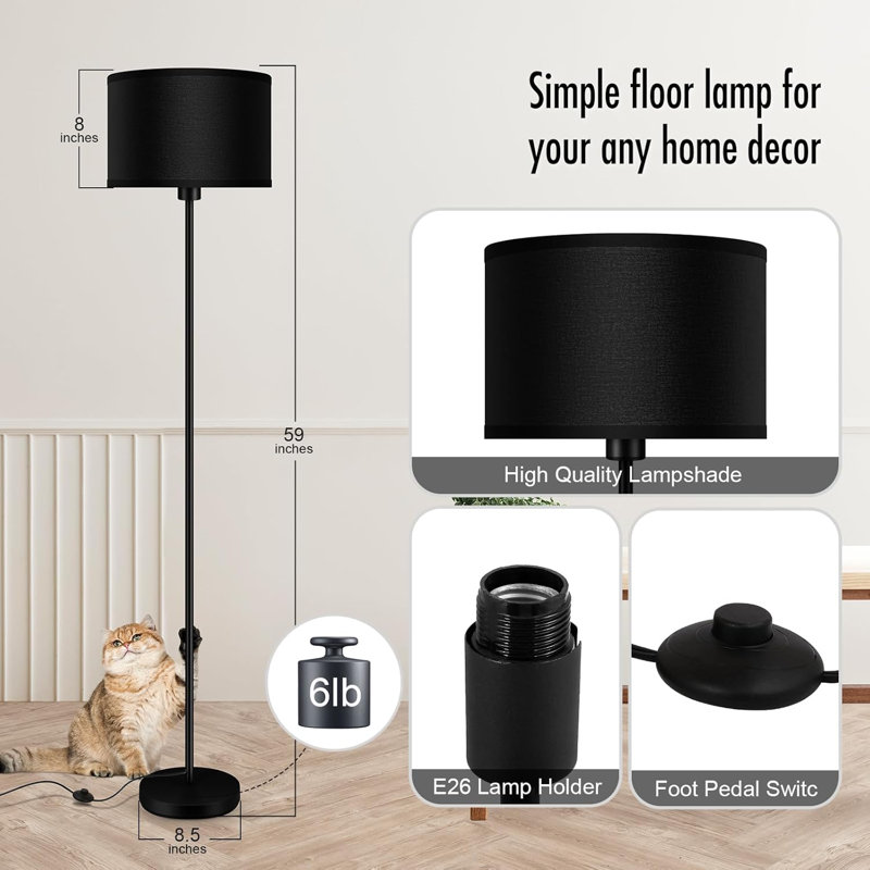 59" Modern Floor Lamp With Linen Shade, Adjustable Brightness, Foot Switch, E26 Base (No Bulb Included), Ideal For Living Room, Bedroom, Office, Den, Kids Room