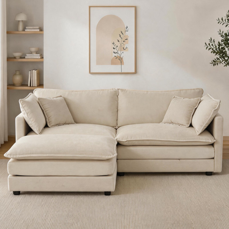 Canapé modulaire 70 po en L chenille 70 po avec repose-pieds pour petits espaces, Chenille café clair