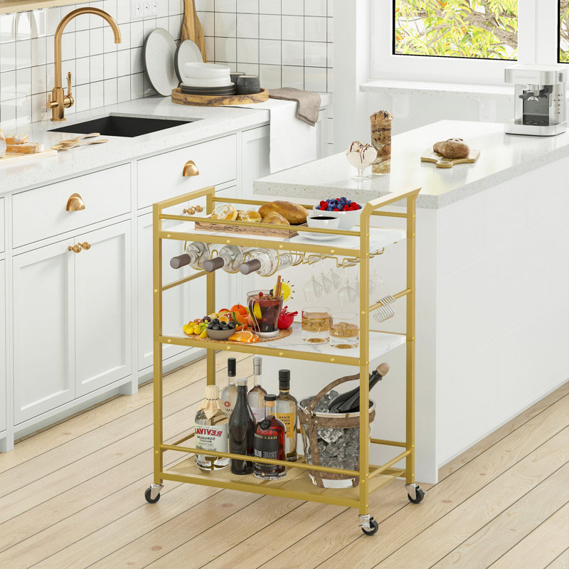 3-Tier Rolling Wine Cart with Glass Holders, Gold, white