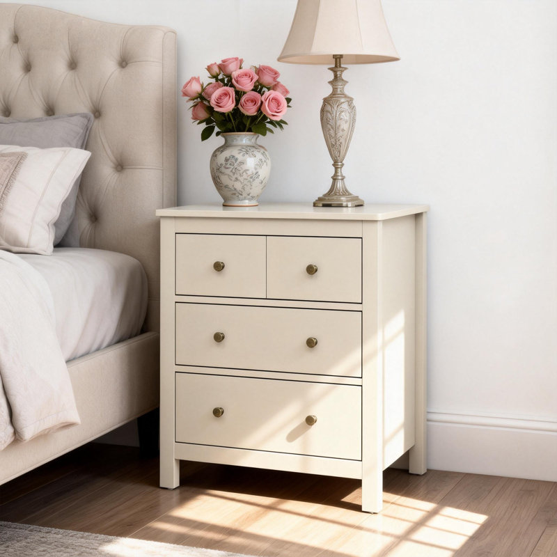 3-Drawer Nightstand, 23.6'' Wood Storage Chest, Beige