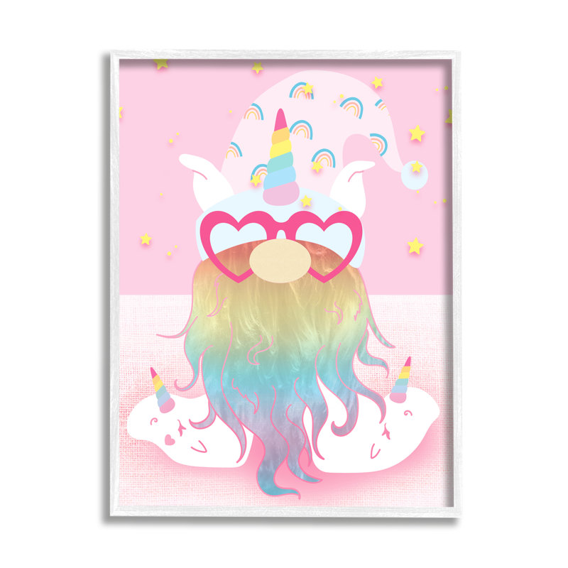 «Fun Unicorn Gnome Pink Rainbow» par Lil 'Rue - impression, H 30 po x l 24 po x P 1,5 po, Giclée encadrée blanc bord de mer