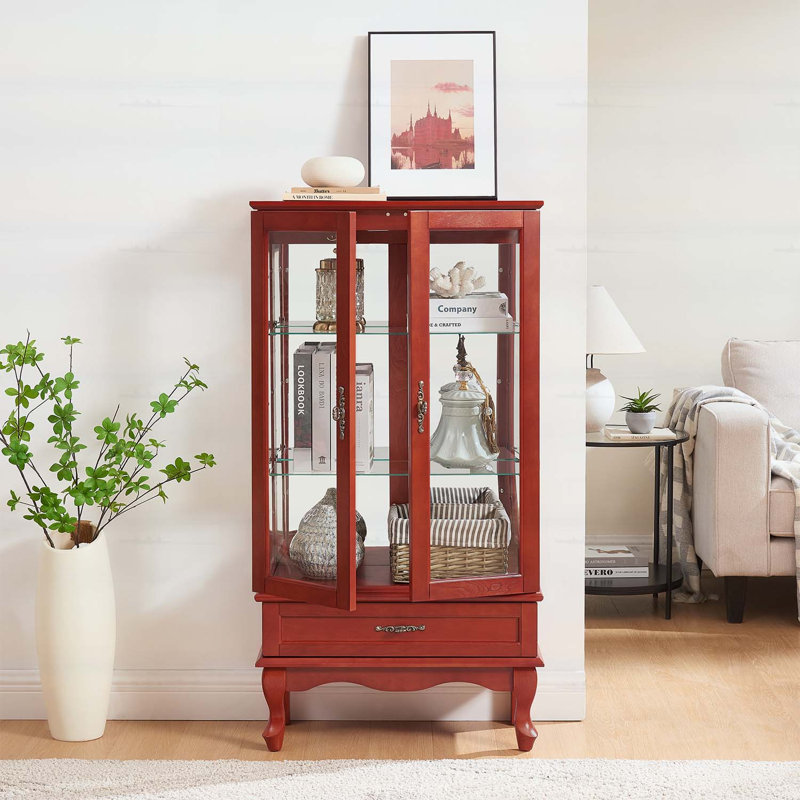 Élégante armoire lumineuse en verre avec tablettes réglables, 2 portes et 1 tiroir, avec ampoule et fini cerisier