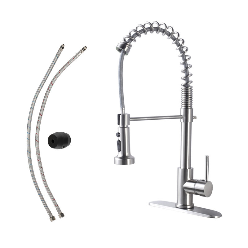 Robinet de cuisine rétractable à poignée simple avec douchette extractible en nickel brossé