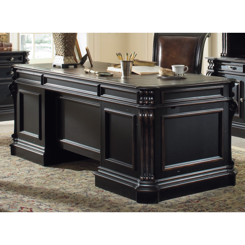 Black Traditional Solid Wood Executive Desk with Drawers