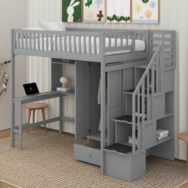 Lit mezzanine simple avec bibliothèque, tiroirs, bureau et garde-robe, Grey