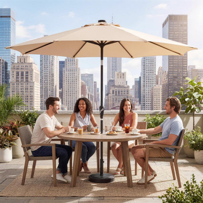Parasol de table solaire 10 pi avec lumières, parasol de table d'extérieur | 32 DEL, 8 nervures en fer robustes, manivelle et inclinaison à bouton-poussoir, sans base, pour piscine de jardin
"
