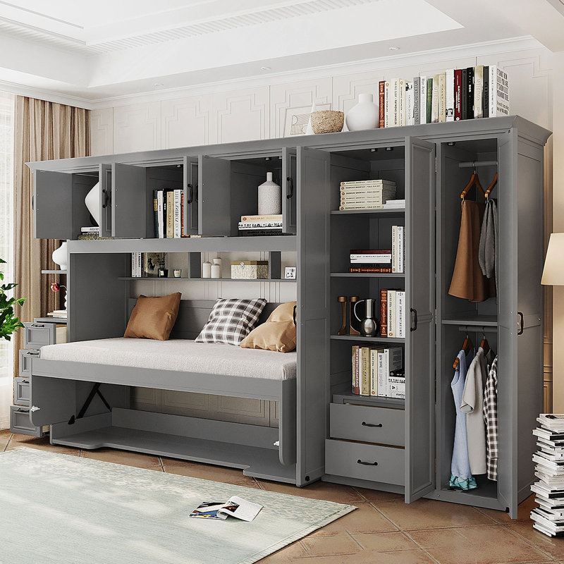 Lit escamotable simple avec garde-robe, armoire et bureau, gris, Gris