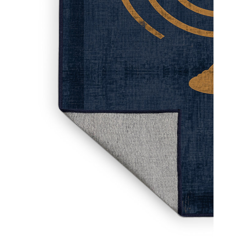 Machine Washable Moravian Hanukkah Modern & Contemporary Abstract Rug in Gray – Navy Binding, 7x9