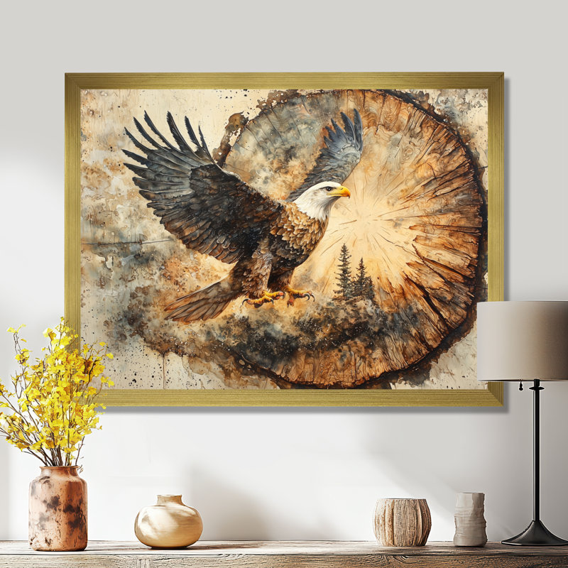 Giyana aigle dans une forêt, échos de la liberté II - grand art mural aigle, H 30 po x l 40 po, Cadre flottant, Doré