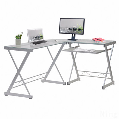 Bureau d'ordinateur en L en verre trempé avec panneau de clavier coulissant, transparent