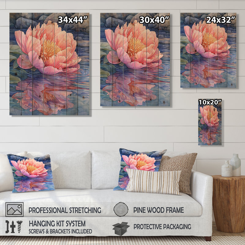 Pivoines et la rivière de montagne IV - Décoration murale en bois de pivoines - sur bois de pin naturel