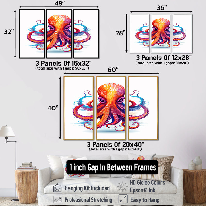 Ravenous red Octopus aquarelle - ensemble de salon art mural poulpe / calmar, Cadre flottant noir, H 28 po x l 36 po x P 1 po