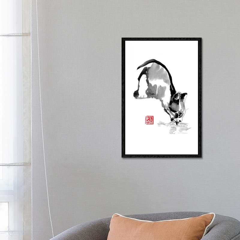 Drinking Cat by Péchane - Print on Canvas, Black Framed, 66.04 cm H x 45.72 cm W