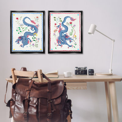  Dragons with Flower Details 2 PC Framed Floater Canvas Set by Melissa Wang