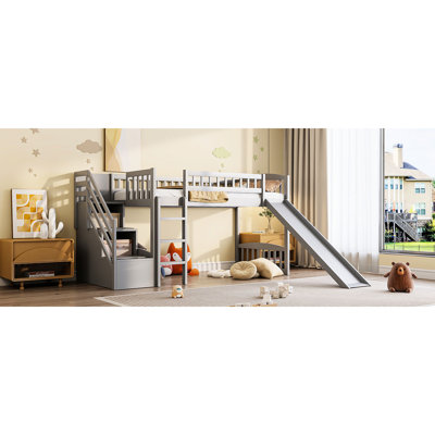 Lit mezzanine simple gris avec escalier, tiroirs et glissade, matériau en pin massif, caractéristiques convertibles, pas de sommier tapissier requis