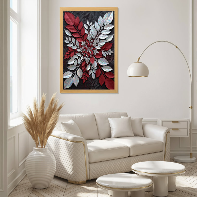 Toile naturelle encadrée en bois naturel pour salon, chambre à coucher, bureau ou vestibule - décoration murale décorative avec argent rouge