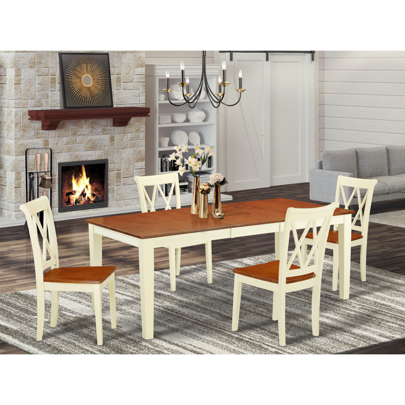 L'ensemble de table de cuisine 5 pièces pour 4 personnes comprend une table de salle à manger rectangulaire avec rallonge papillon et 4 chaises en bois massif, babeurre et cerise