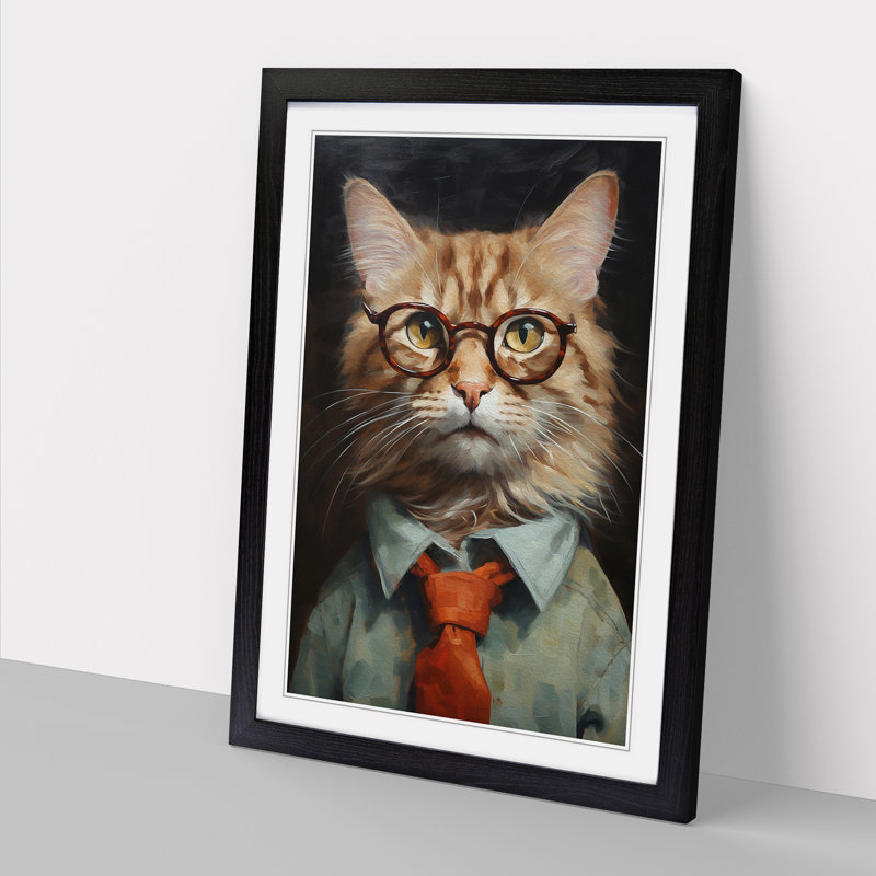 Cat With Glasses No.2 - Single Picture Frame Print on Wood, 46cm H x 34cm W x 2cm D, Black 