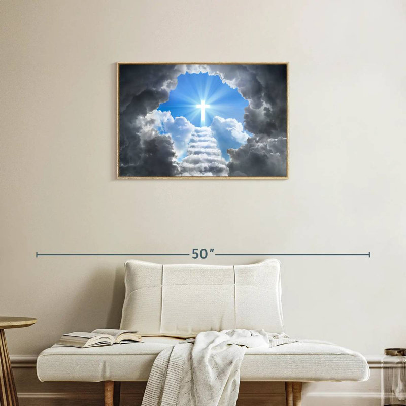 Escalier vers Jésus-Christ, Cadre flottant en bois naturel, 31 po x 21 po