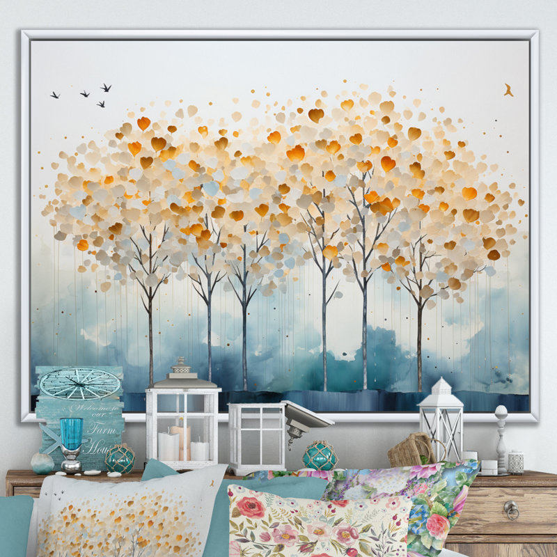 Minimalisme arbre jaune solitude III sur toile, H 16 po x l 32 po x P 1 po, Cadre flottant blanc
