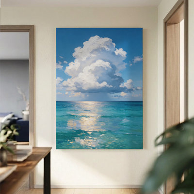 Tableau sur toile de style impressionniste côtier, représentant des vagues ensoleillées sur l'océan. Impression sur toile tendue sur châssis, 61 x 91 cm (24 x 36 pouces). Décoration murale bleu océan pour la salle de bain, le salon et la chambre.