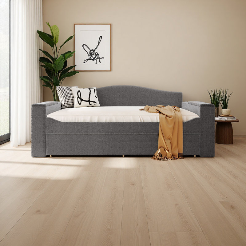Full Size Upholstered Daybed With Storage Armrests, Trundle And Latest Integrated Bluetooth Audio System, Teddy Fleece, Gray