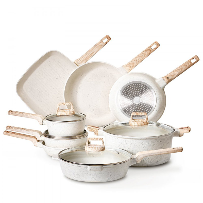 Batterie de cuisine antiadhésive à induction 19 pièces, Blanc