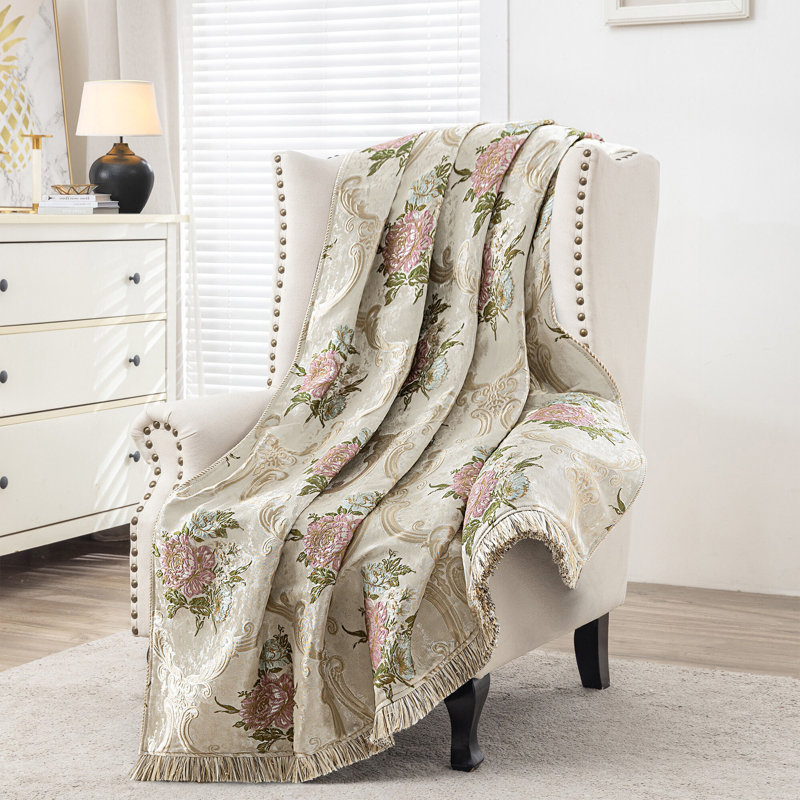 Jeté classique en damas pour canapé-lit, couverture décorative de luxe avec motifs floraux 52 po x 72 po, Floral beige