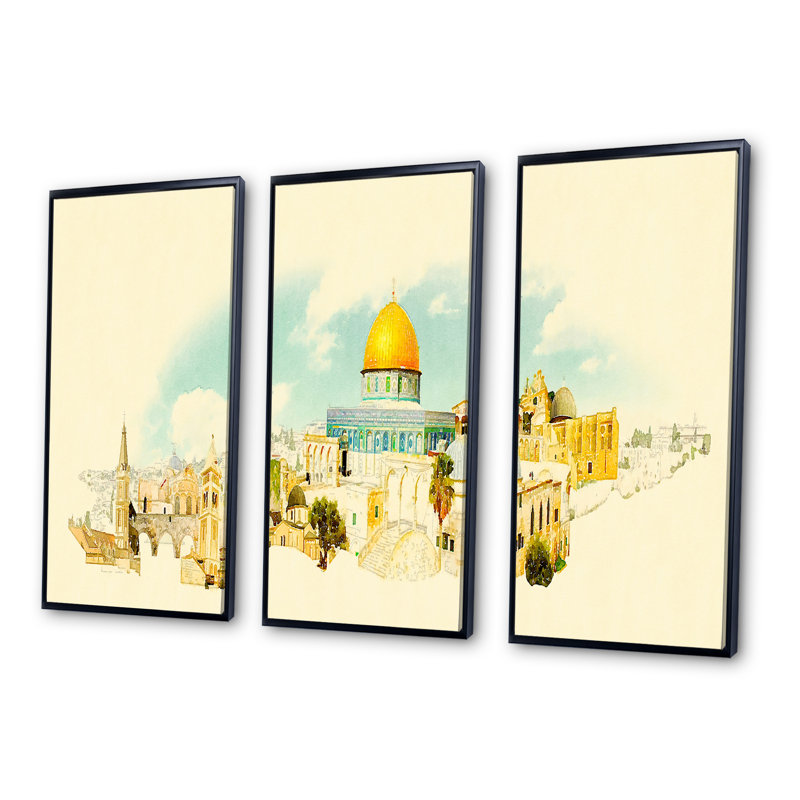 Vue panoramique de Jérusalem - cadre flottant 3 pièces, peinture sur toile, Noir, H 28 po x l 36 po