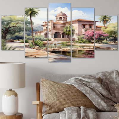 Rose, beige, Mexique, charme colonial, aquarelle II - Mexique, reproduction sur toile - 5 panneaux