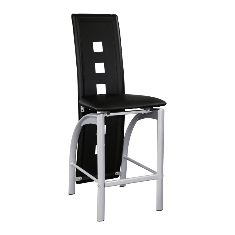 Chaise ultra-moderne à hauteur de comptoir (2 pièces), base en métal, similicuir noir, argent, sièges de salle à manger 2 pièces, base et dossier, finition argentée, 17,45 po Largeur du produit,