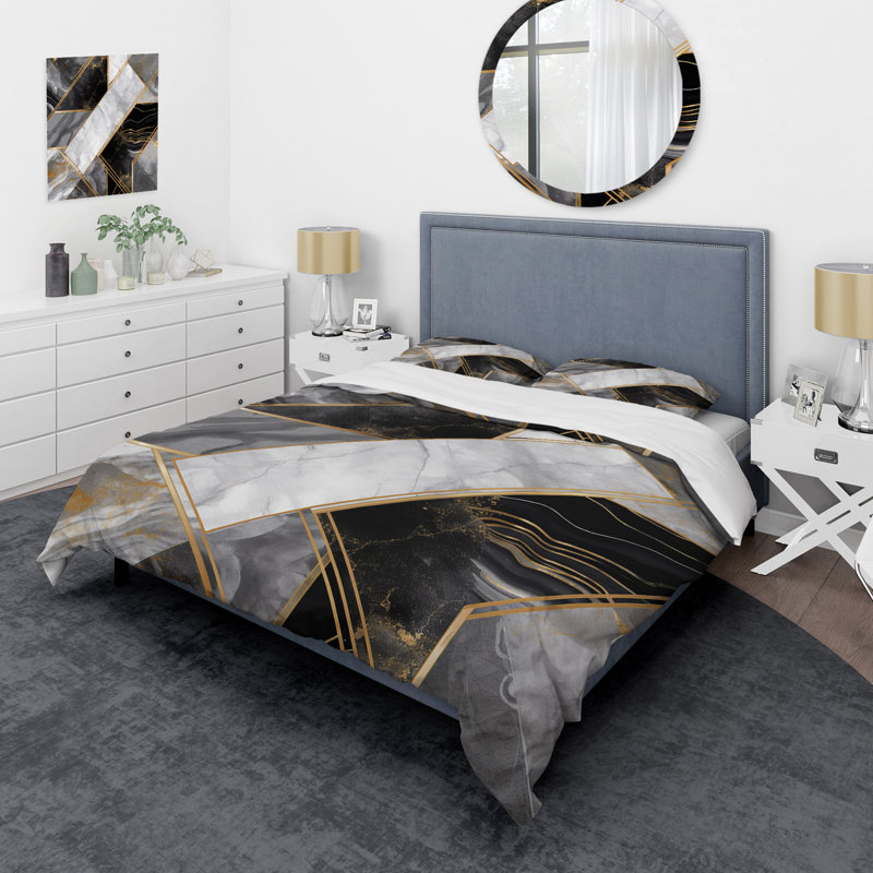 Ensemble de housse de couette en marbre granit agate avec touches dorées IV - Abstract Geometric
