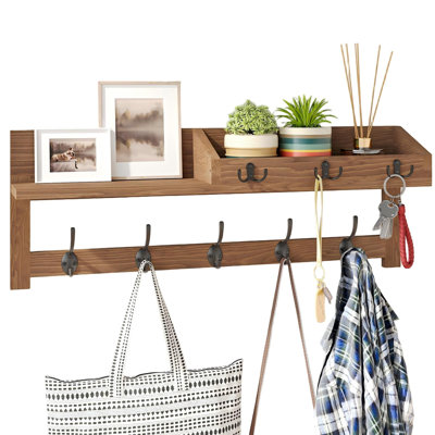 Wall Hooks with Shelf, Entryway Wood Coat Hooks for Wall with Shelf, Coat Rack Wall Mount with 5 Dual Hooks 3 Key Hooks Mail Organizer and Key Rack Ho
