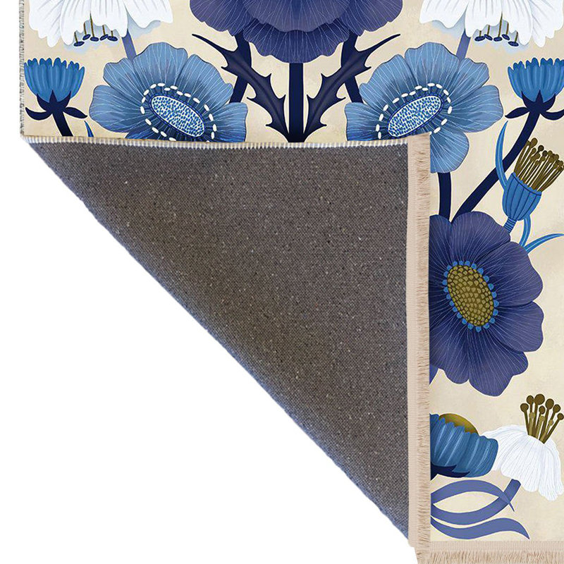 Tapis décoratif bleu à motif floral beige à motif floral de la collection Barcelona, Rectangle 3 pi 9,81 po x 4 pi 11,06 po